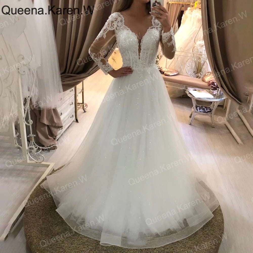 Elegant Boho A line Wedding Dress long sleeve v neck lace applique lace bride dress robe de mariee A line Wedding Bridal Gown AL-QK161 Main image