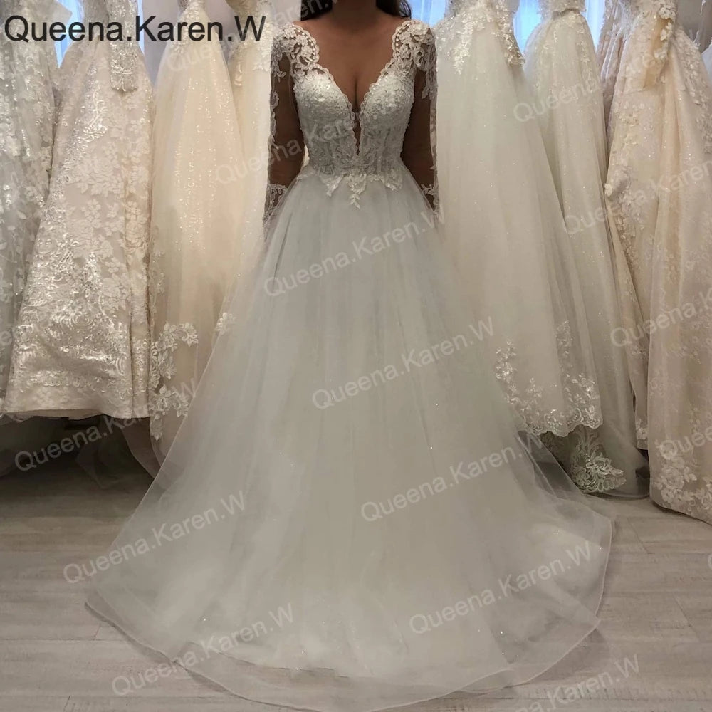 Elegant Boho A line Wedding Dress long sleeve v neck lace applique lace bride dress robe de mariee A line Wedding Bridal Gown AL-QK161