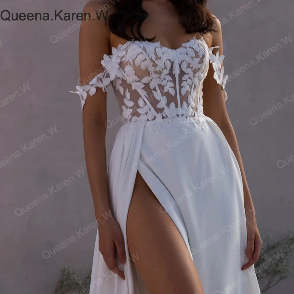 Elegant Boho A line Wedding Dress off shoulder lace applique bride dress robe de mariee A line Wedding Bridal Gown AL-QK199