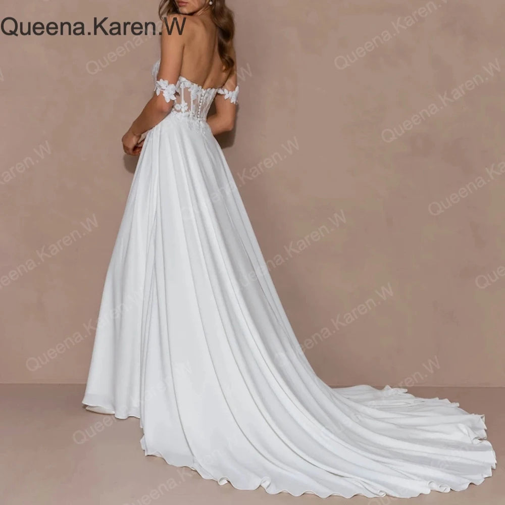 Elegant Boho A line Wedding Dress off shoulder lace applique bride dress robe de mariee A line Wedding Bridal Gown AL-QK199