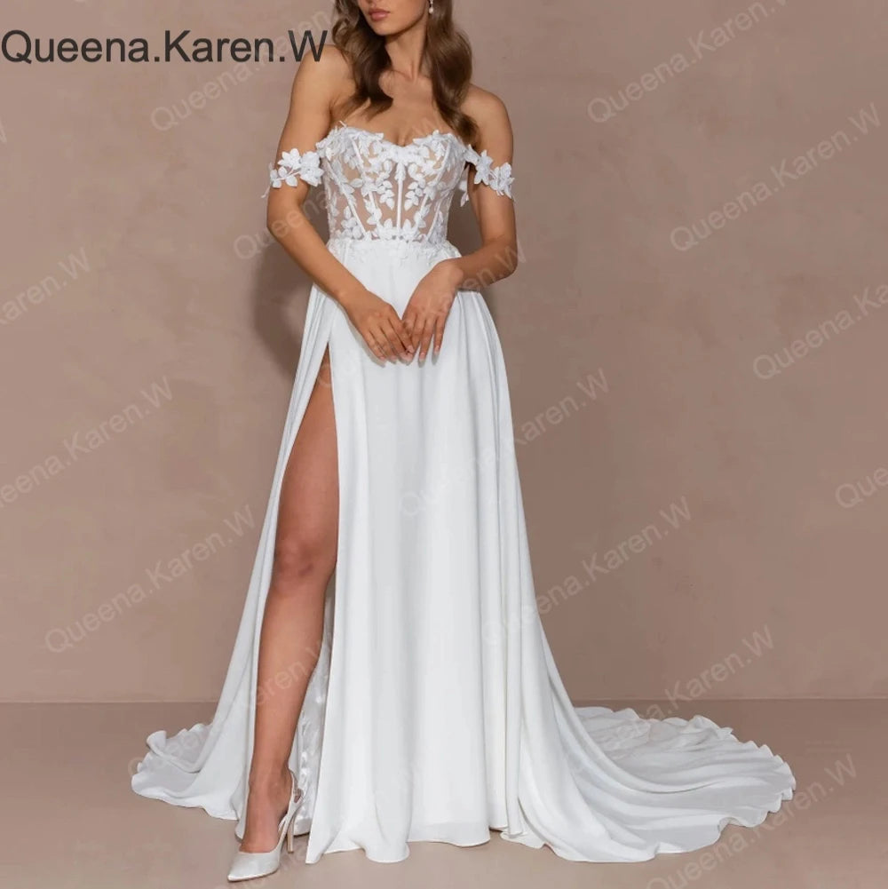 Elegant Boho A line Wedding Dress off shoulder lace applique bride dress robe de mariee A line Wedding Bridal Gown AL-QK199