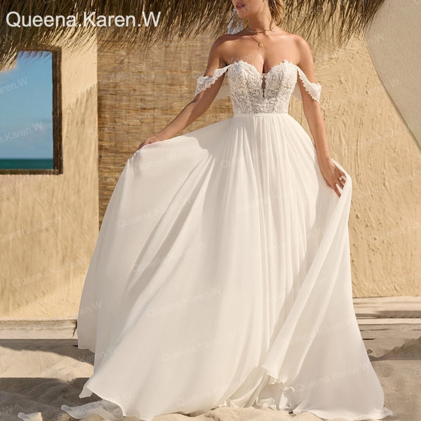 Elegant Boho A line Wedding Dress off-the-shoulder lace chiffon bride dress robe de mariee A line Wedding Bridal Gown