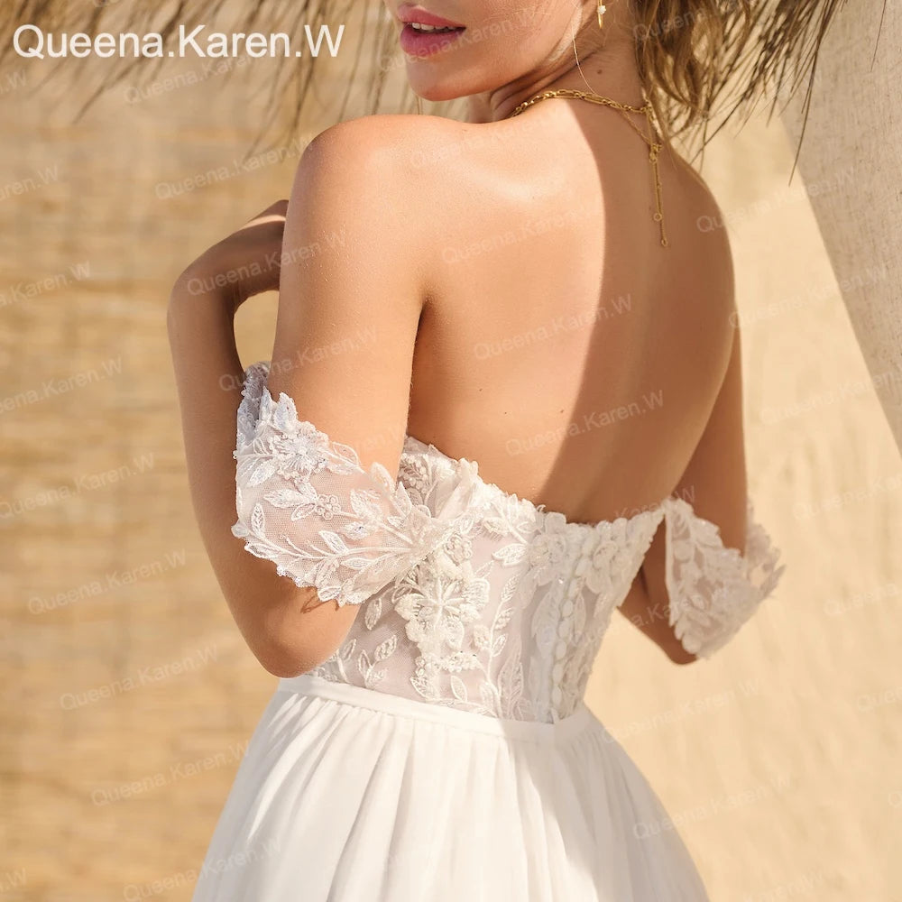 Elegant Boho A line Wedding Dress off-the-shoulder lace chiffon bride dress robe de mariee A line Wedding Bridal Gown AL-QK40