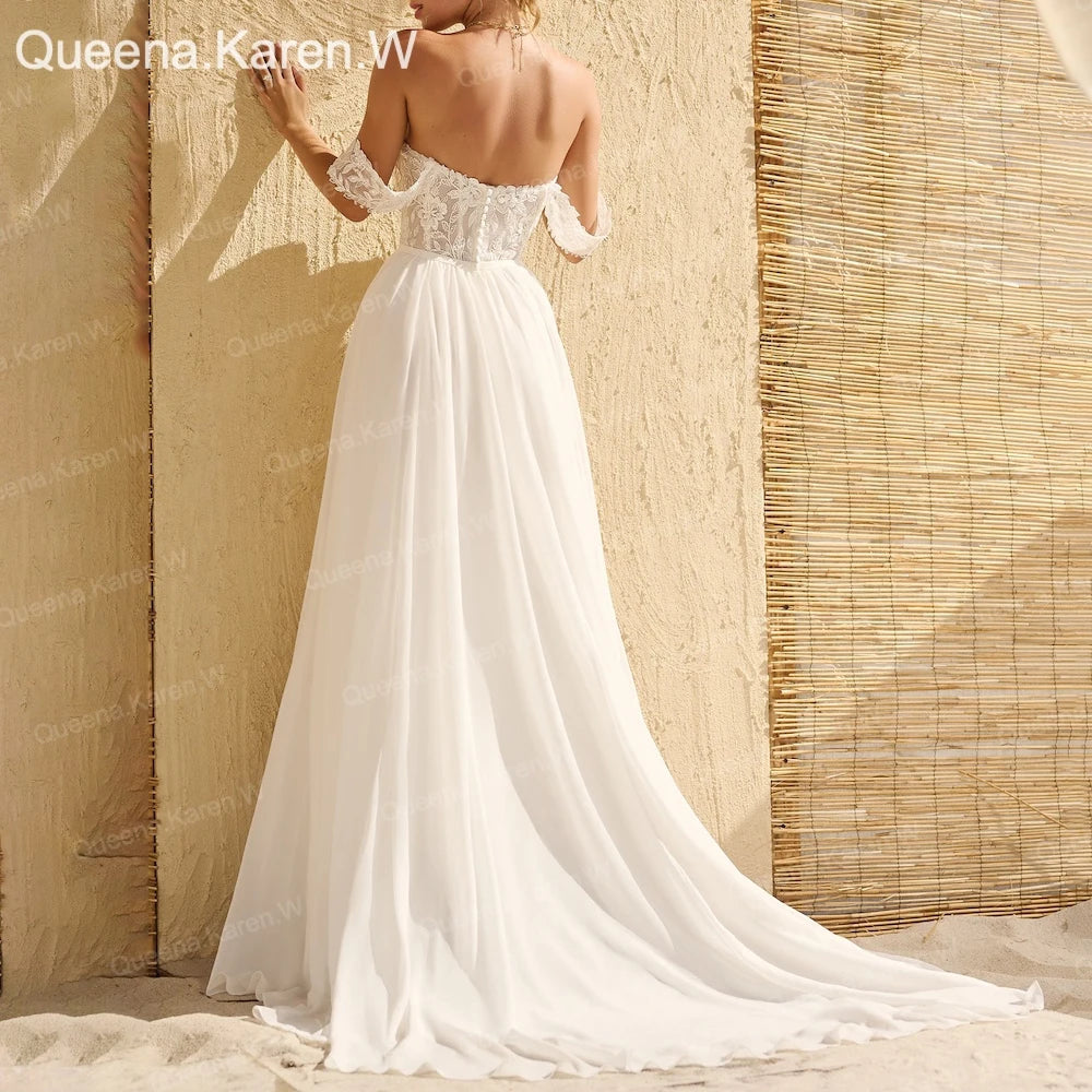 Elegant Boho A line Wedding Dress off-the-shoulder lace chiffon bride dress robe de mariee A line Wedding Bridal Gown AL-QK40