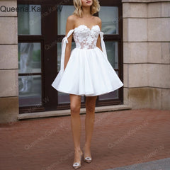 Elegant Boho A line Wedding Dress short lace applique bride dress robe de mariee A line Wedding Bridal Gown AL-QK6