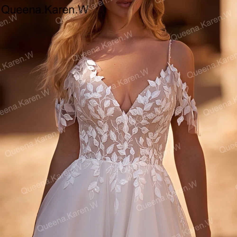 Elegant Boho A line Wedding Dress strap lace applique bride dress robe de mariee A line Wedding Bridal Gown AL-QK223