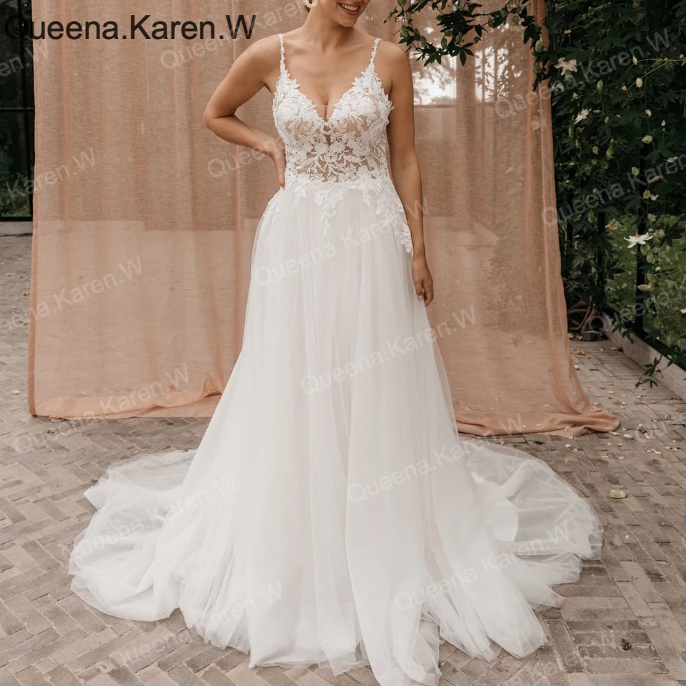 Elegant Boho A line Wedding Dress strap lace applique bride dress robe de mariee A line Wedding Bridal Gown AL-QK197