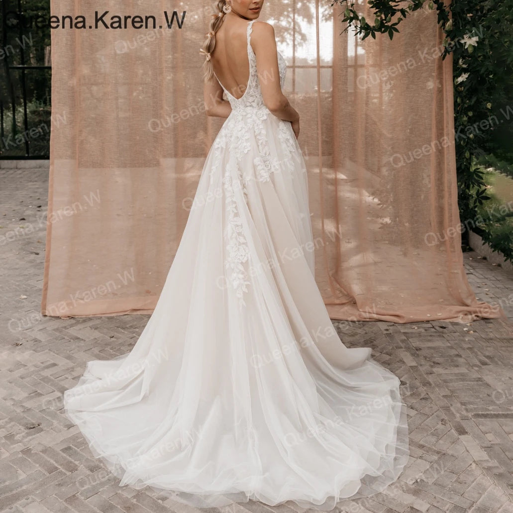 Deep V Glitter Lace Open Back Wedding Dress