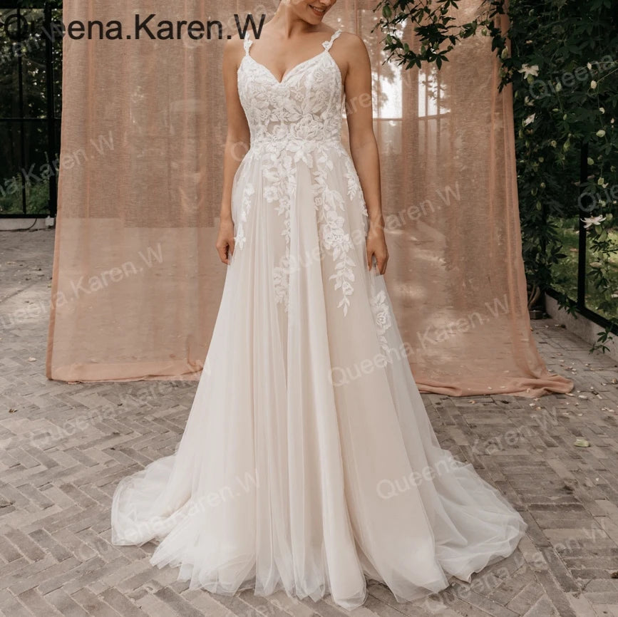 Elegant Boho A line Wedding Dress strap lace applique bride dress robe de mariee A line Wedding Bridal Gown AL-QK201 Main image