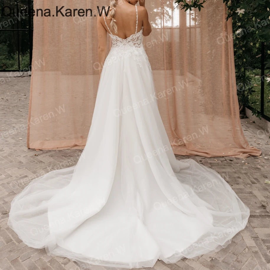 Elegant Boho A line Wedding Dress strap lace applique bride dress robe de mariee A line Wedding Bridal Gown AL-QK197