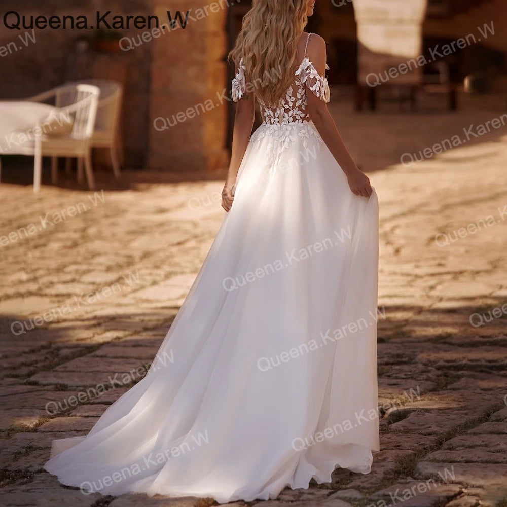 Elegant Boho A line Wedding Dress strap lace applique bride dress robe de mariee A line Wedding Bridal Gown AL-QK223