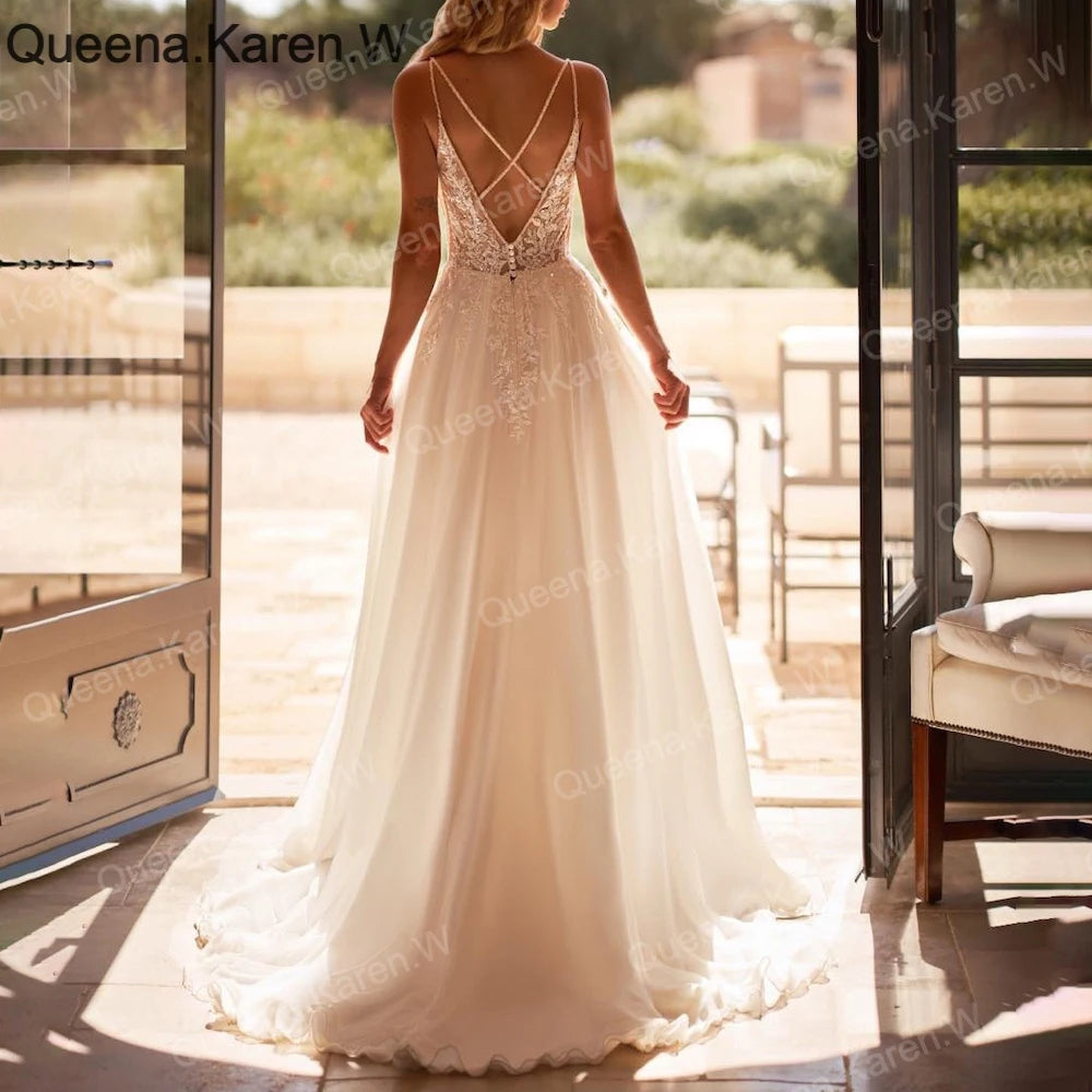Elegant Boho A line Wedding Dress strap lace applique bride dress robe de mariee A line Wedding Bridal Gown AL-QK254