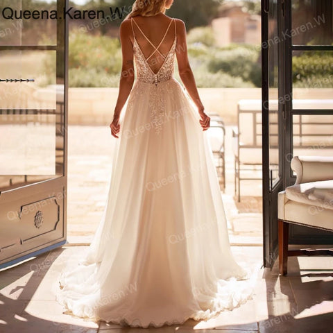 Elegant Boho A line Wedding Dress strap lace applique bride dress robe de mariee A line Wedding Bridal Gown