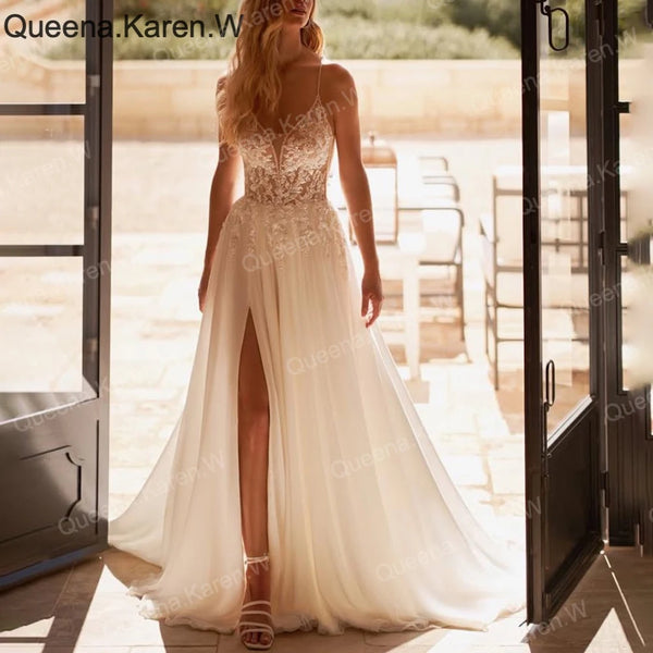 Elegant Boho A line Wedding Dress strap lace applique bride dress robe de mariee A line Wedding Bridal Gown
