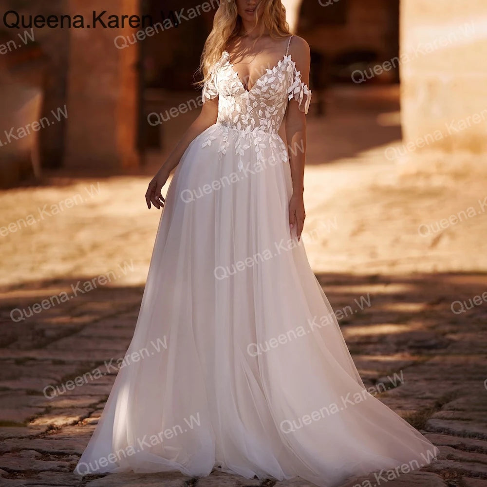 Elegant Boho A line Wedding Dress strap lace applique bride dress robe de mariee A line Wedding Bridal Gown AL-QK223