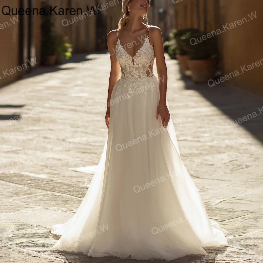 Elegant Boho A line Wedding Dress strap lace applique bride dress robe de mariee A line Wedding Bridal Gown AL-QL217