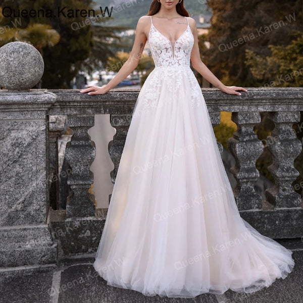 Elegant Boho A line Wedding Dress strap lace applique bride dress robe de mariee A line Wedding Bridal Gown