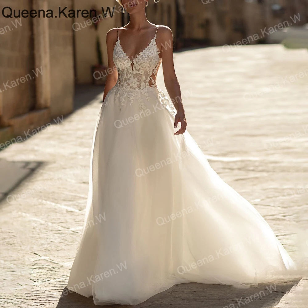 Elegant Boho A line Wedding Dress strap lace applique bride dress robe de mariee A line Wedding Bridal Gown AL-QL217