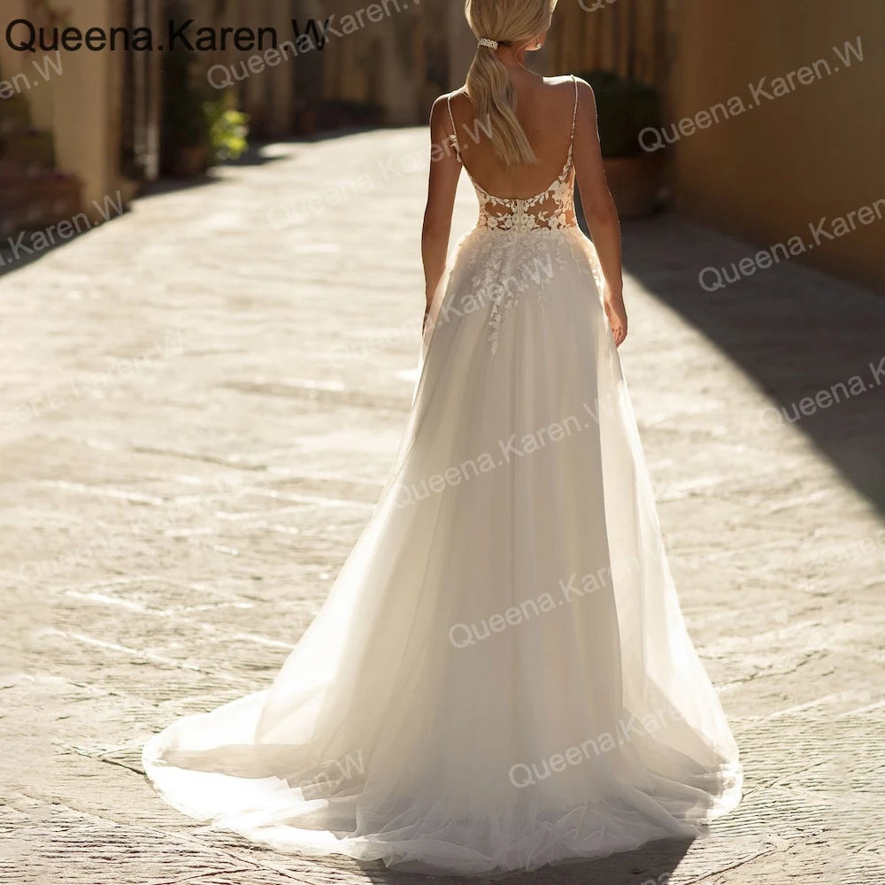 Elegant Boho A line Wedding Dress strap lace applique bride dress robe de mariee A line Wedding Bridal Gown AL-QL217