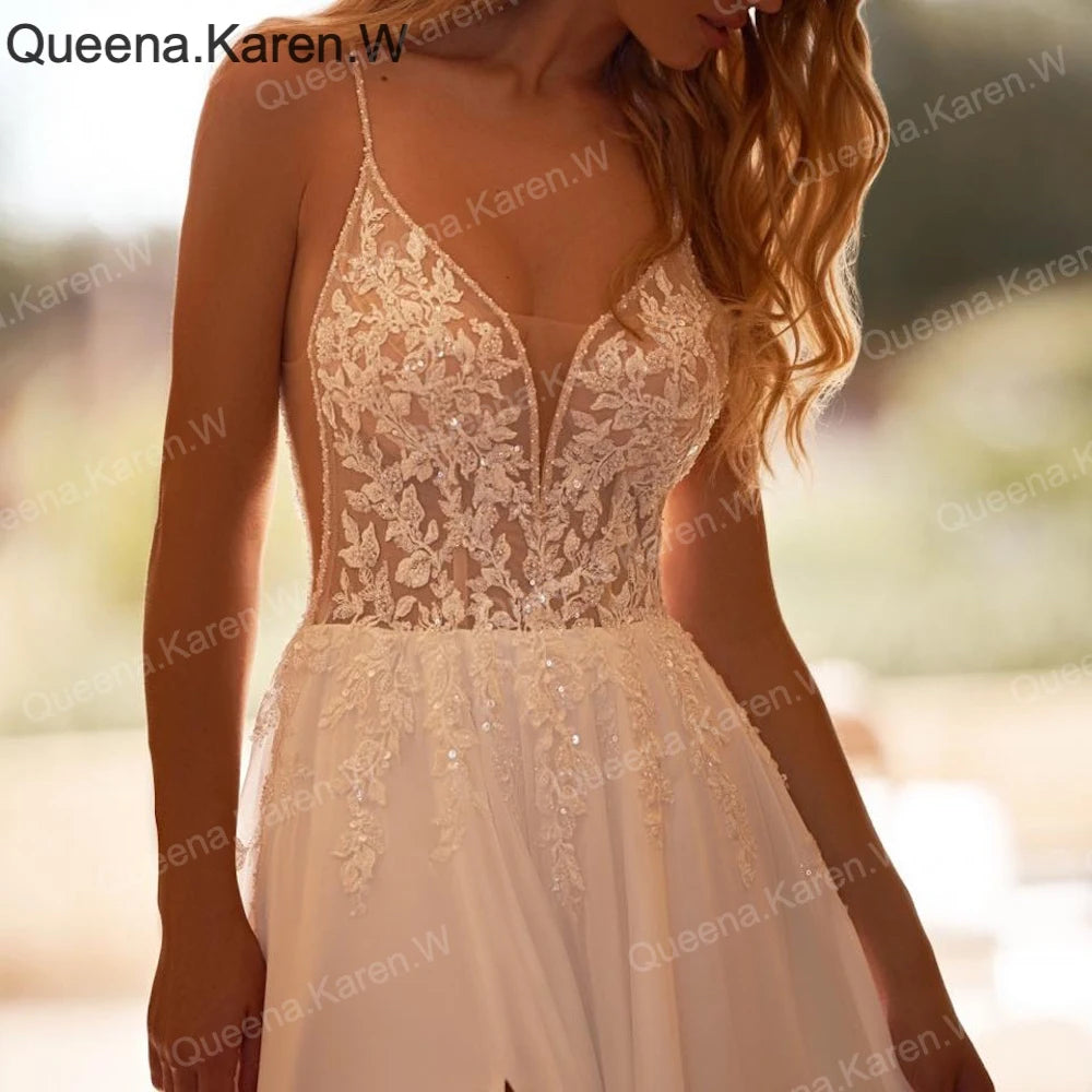 Elegant Boho A line Wedding Dress strap lace applique bride dress robe de mariee A line Wedding Bridal Gown AL-QK254