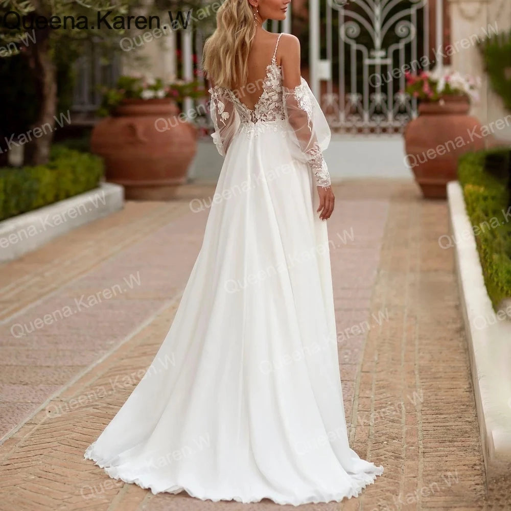 Elegant Boho A line Wedding Dress strap lace applique chiffon bride dress robe de mariee A line Wedding Bridal Gown AL-QK191