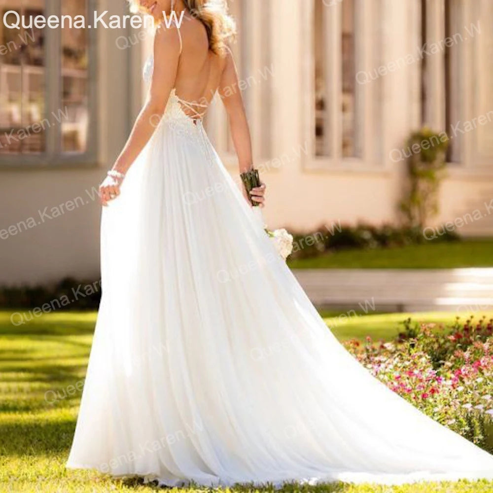 Elegant Boho A line Wedding Dress strap lace applique chiffon bride dress robe de mariee A line Wedding Bridal Gown AL-QK160