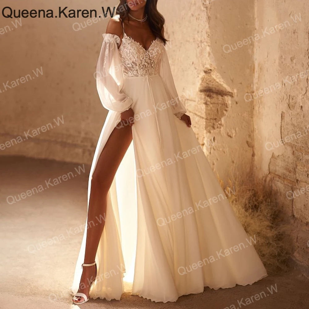 Elegant Boho A line Wedding Dress strap lace applique chiffon bride dress robe de mariee A line Wedding Bridal Gown AL-QK220 Main image