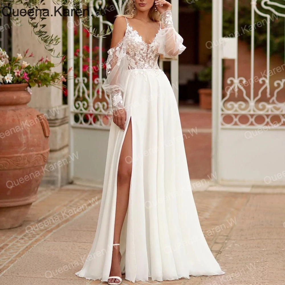 Elegant Boho A line Wedding Dress strap lace applique chiffon bride dress robe de mariee A line Wedding Bridal Gown AL-QK191 Main image