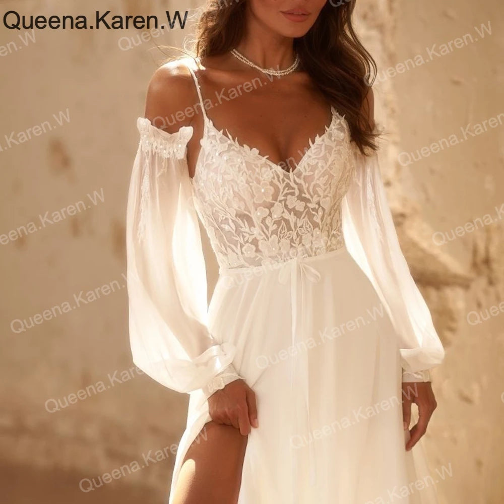 Elegant Boho A line Wedding Dress strap lace applique chiffon bride dress robe de mariee A line Wedding Bridal Gown AL-QK220