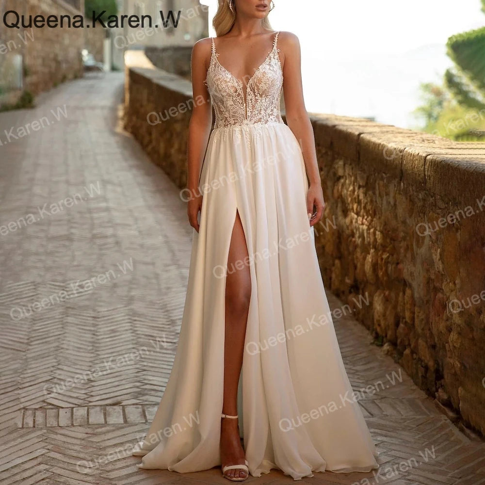 Elegant Boho A line Wedding Dress strap lace applique chiffon bride dress robe de mariee A line Wedding Bridal Gown AL-QK187
