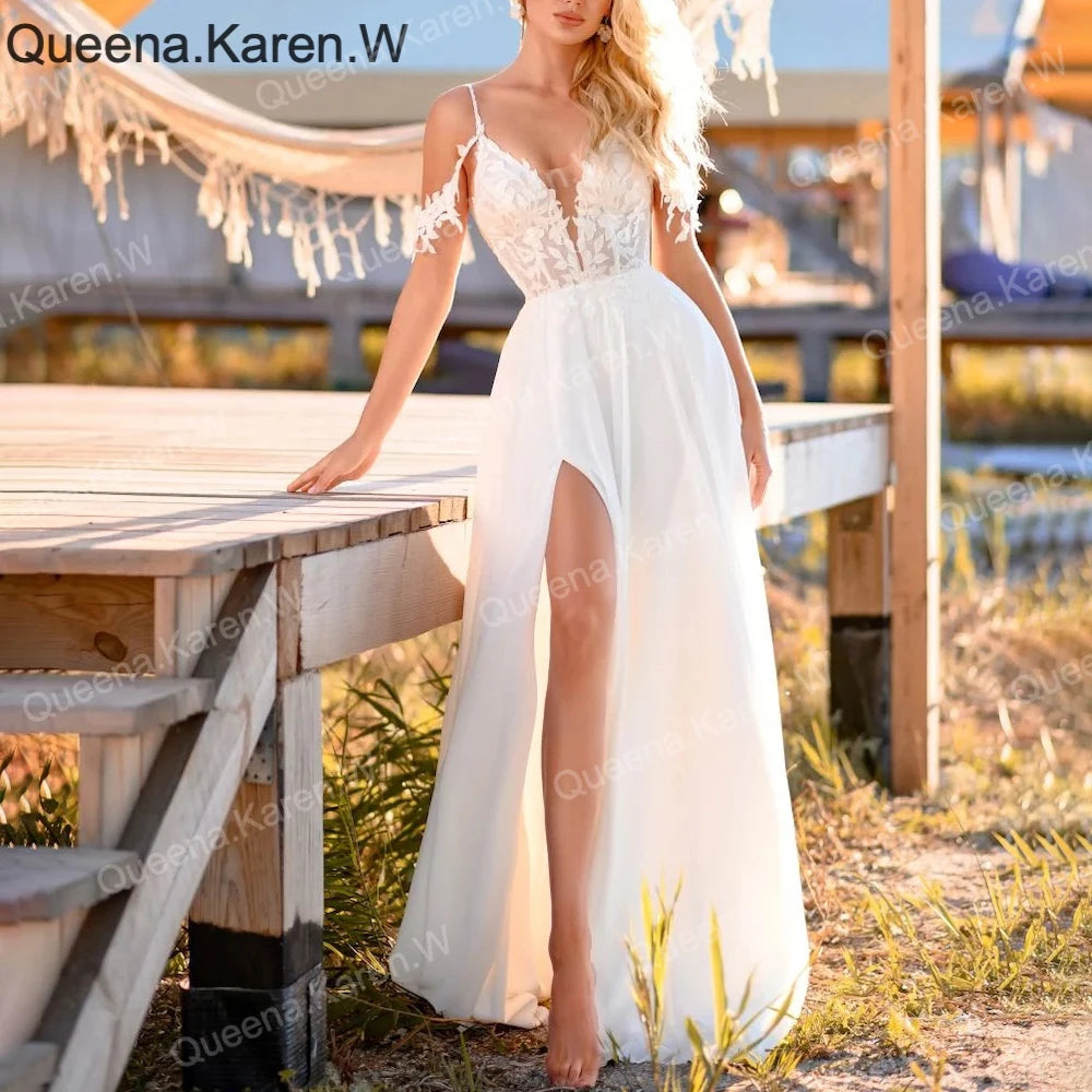 Elegant Boho A line Wedding Dress strap lace applique chiffon bride dress robe de mariee A line Wedding Bridal Gown AL-QK177 Main image