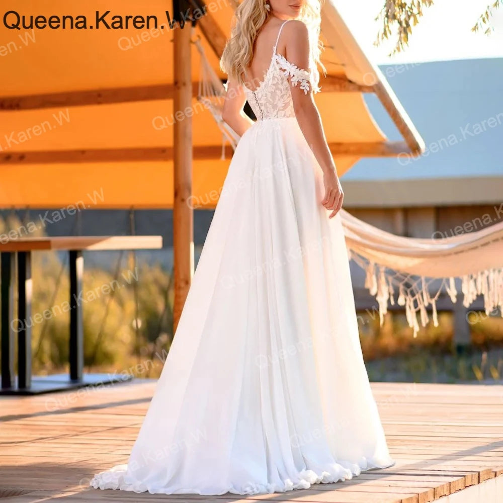 Elegant Boho A line Wedding Dress strap lace applique chiffon bride dress robe de mariee A line Wedding Bridal Gown AL-QK177