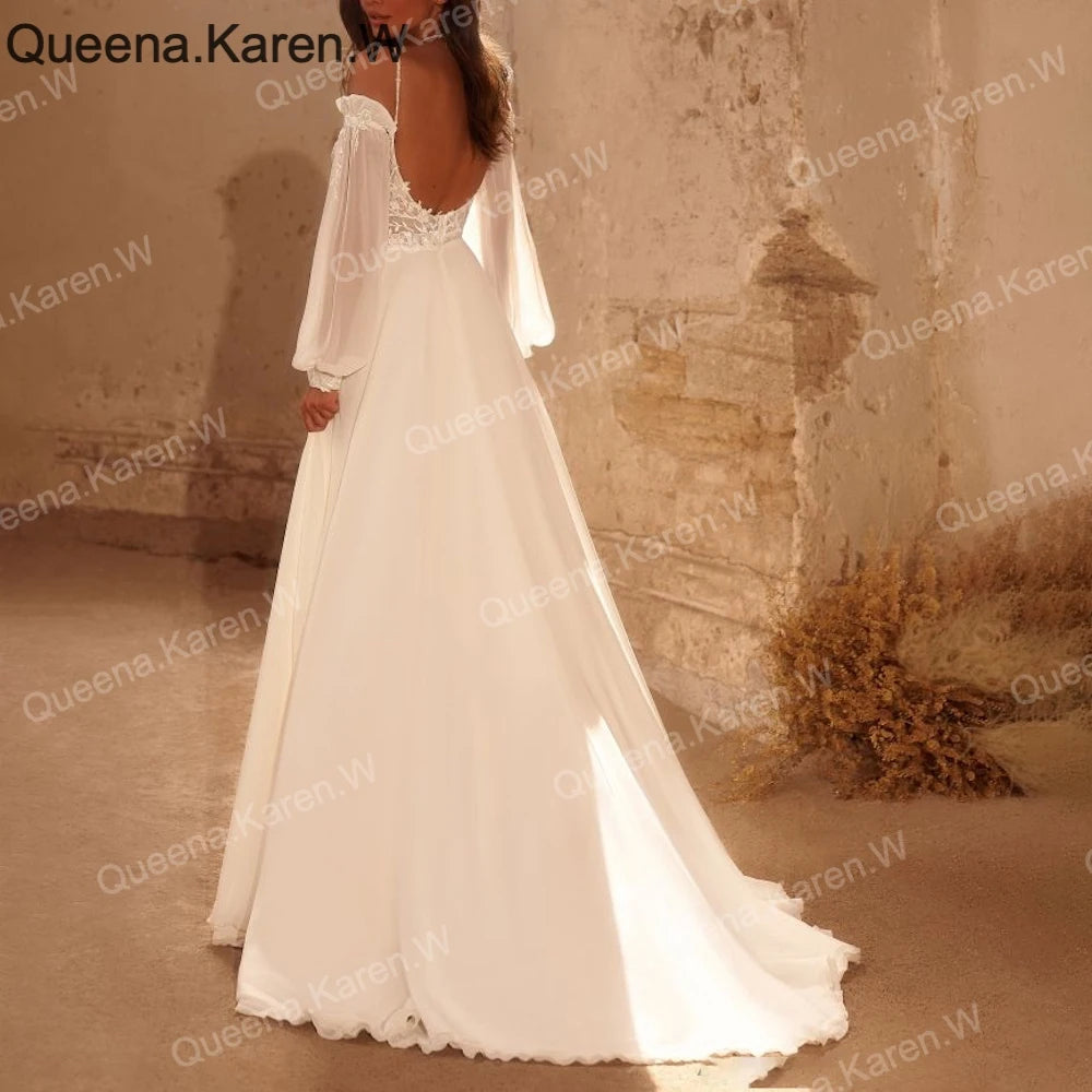 Elegant Boho A line Wedding Dress strap lace applique chiffon bride dress robe de mariee A line Wedding Bridal Gown AL-QK220