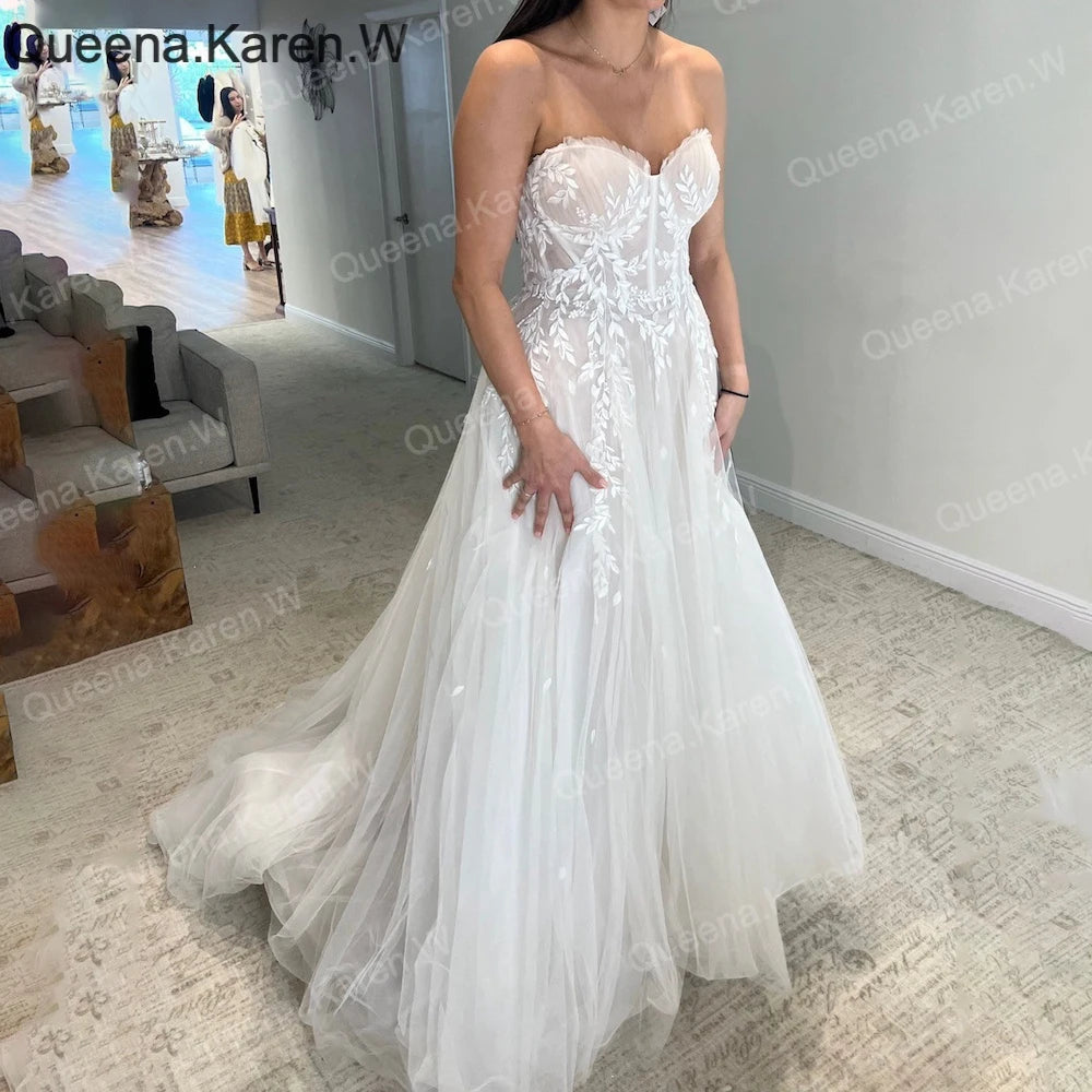 Elegant Boho A line Wedding Dress strapless lace applique bride dress robe de mariee A line Wedding Bridal Gown AL-QK173 Main image