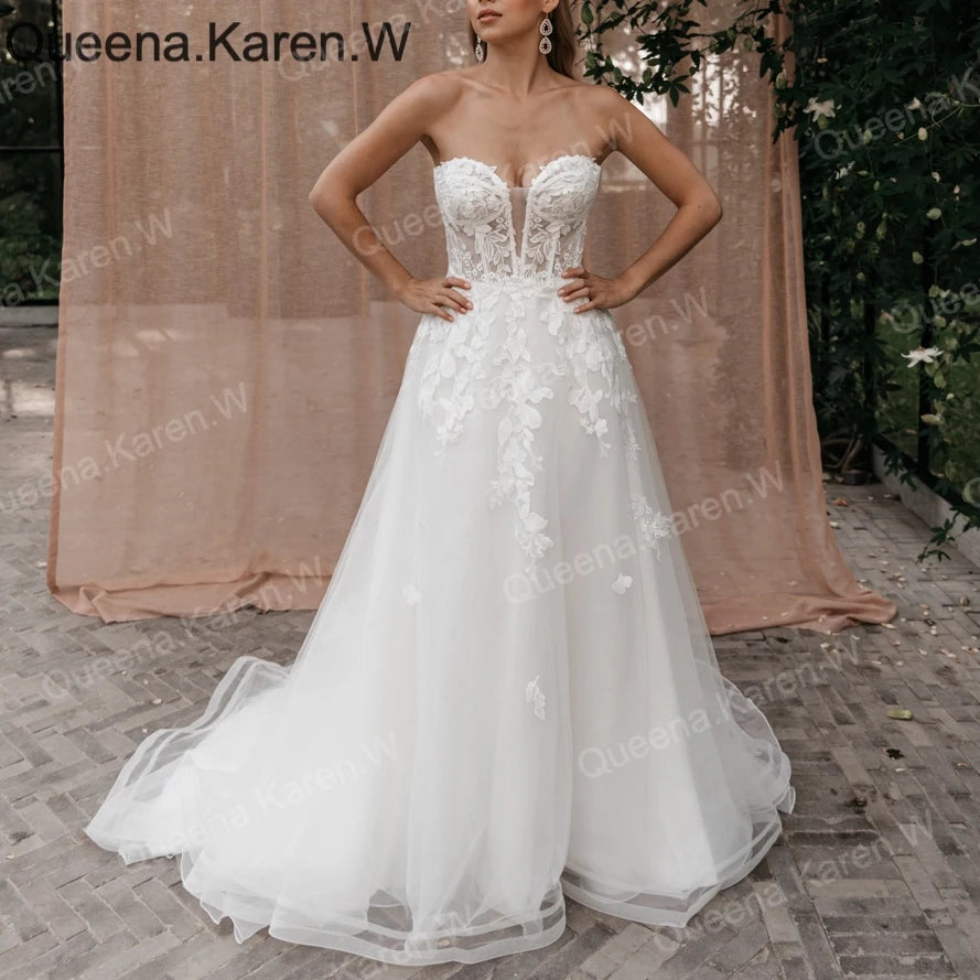 Elegant Boho A line Wedding Dress strapless lace applique bride dress robe de mariee A line Wedding Bridal Gown