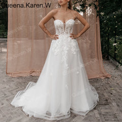Elegant Boho A line Wedding Dress strapless lace applique bride dress robe de mariee A line Wedding Bridal Gown