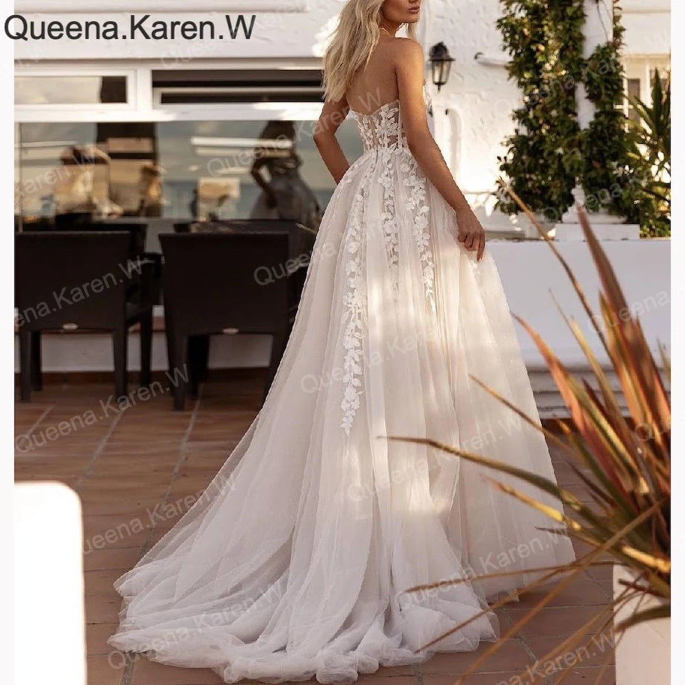 Elegant Boho A line Wedding Dress strapless lace applique bride dress robe de mariee A line Wedding Bridal Gown AL-QK195