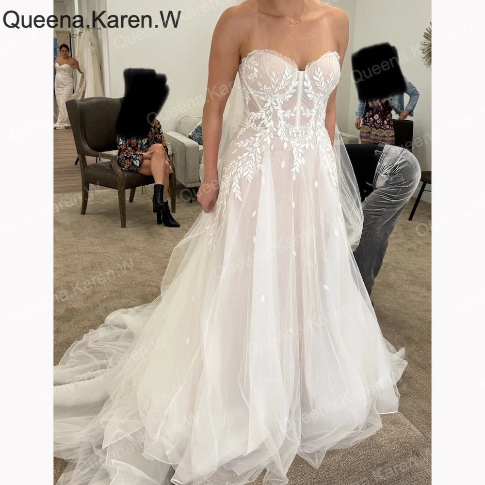 Elegant Boho A line Wedding Dress strapless lace applique bride dress robe de mariee A line Wedding Bridal Gown AL-QK173