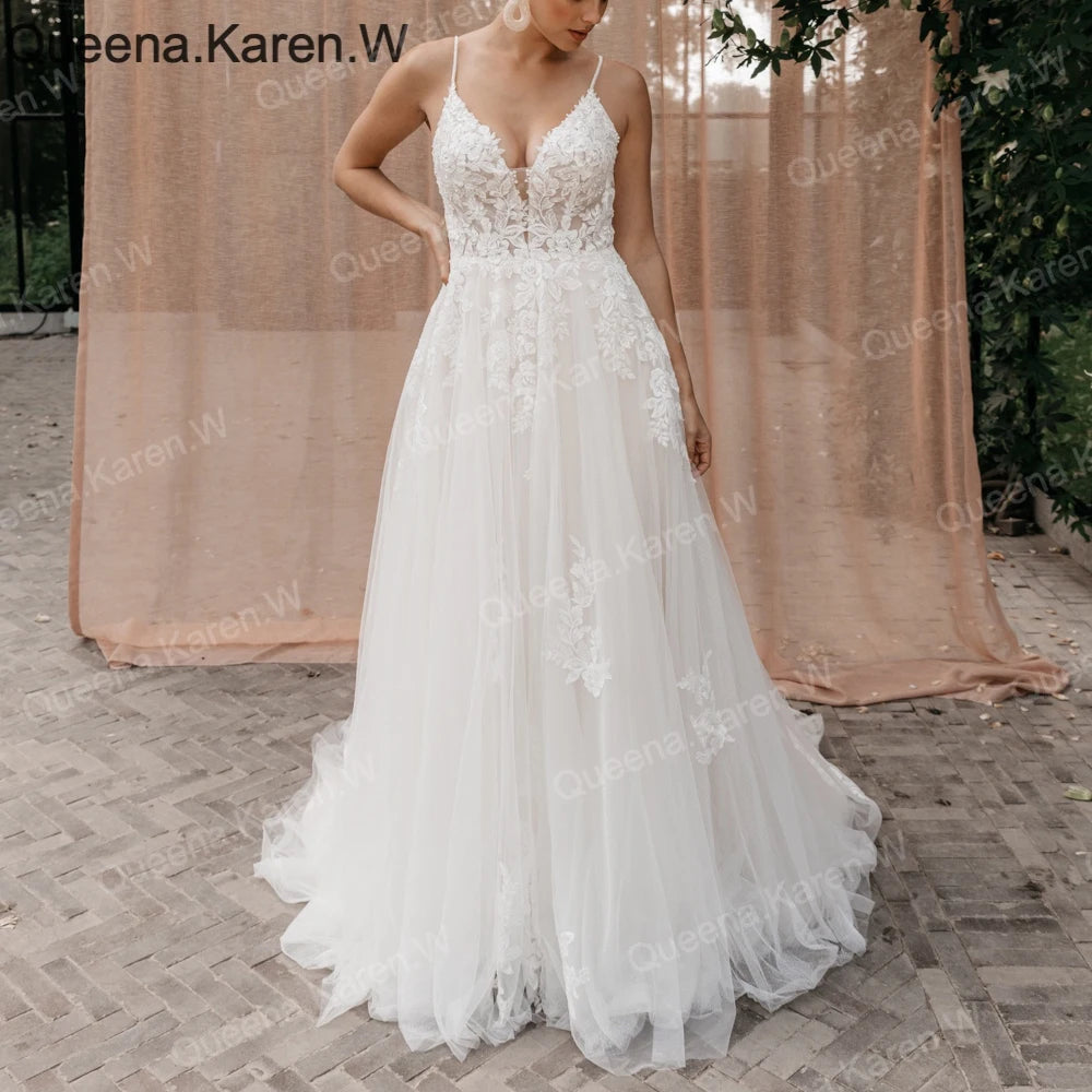 Elegant Boho A line Wedding Dress strapless lace applique bride dress robe de mariee A line Wedding Bridal Gown AL-QK199 Main image