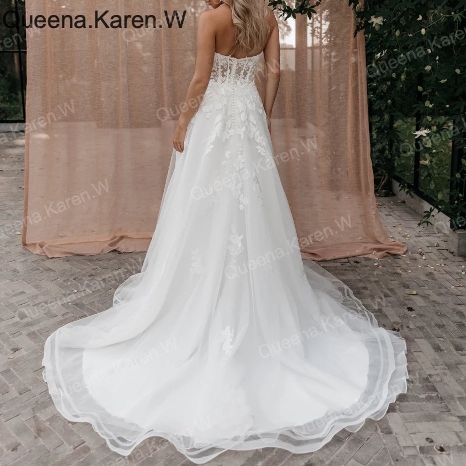 Elegant Boho A line Wedding Dress strapless lace applique bride dress robe de mariee A line Wedding Bridal Gown AL-QK198