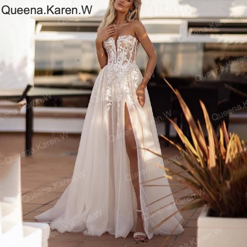 Elegant Boho A line Wedding Dress strapless lace applique bride dress robe de mariee A line Wedding Bridal Gown AL-QK195