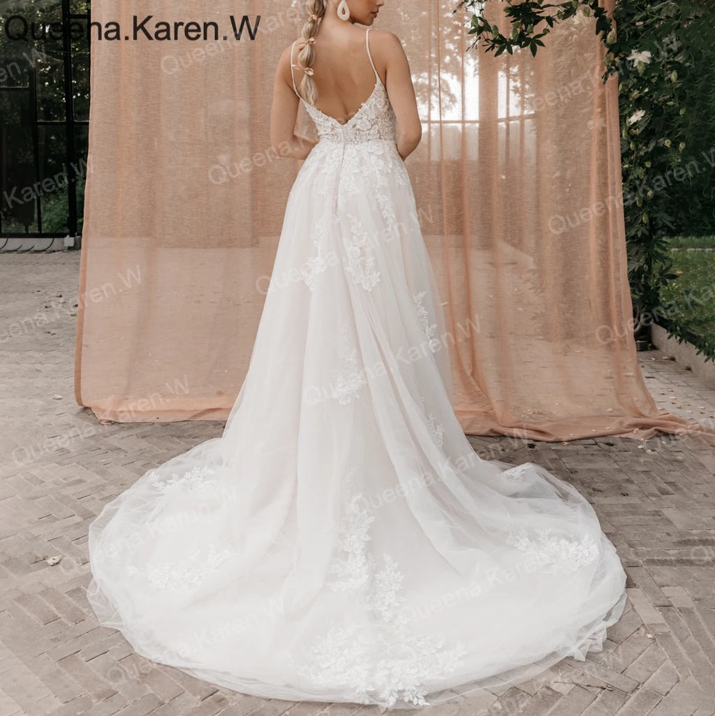 Elegant Boho A line Wedding Dress strapless lace applique bride dress robe de mariee A line Wedding Bridal Gown AL-QK199