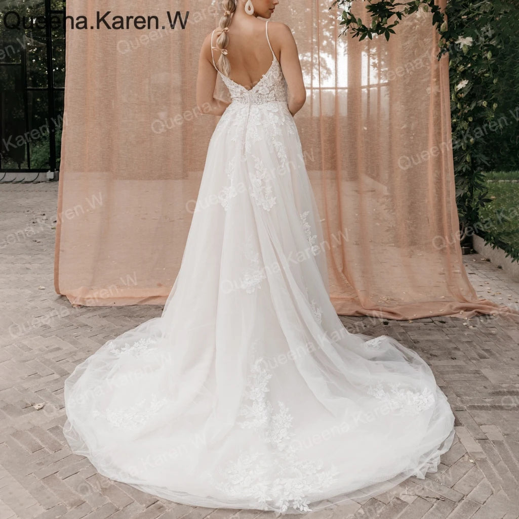 Elegant Boho A line Wedding Dress strapless lace applique bride dress robe de mariee A line Wedding Bridal Gown AL-QK199