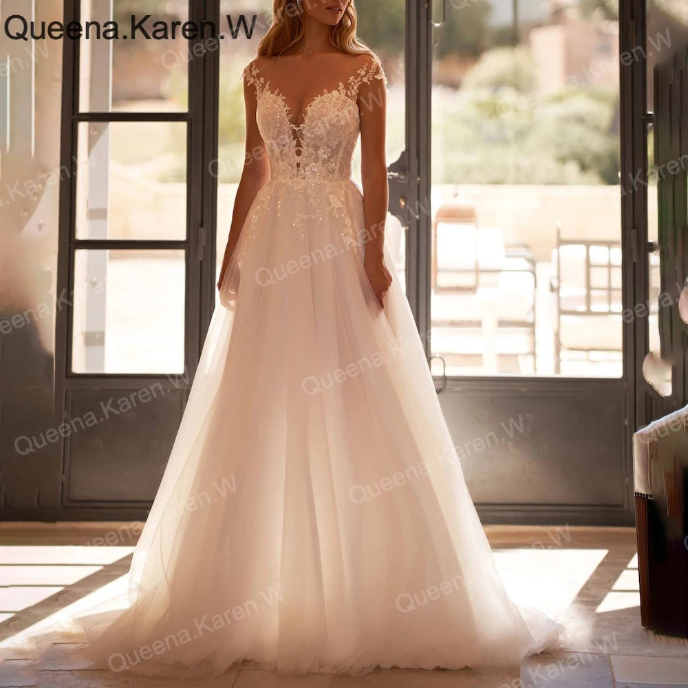 Elegant Boho A line Wedding Dress sweetheart lace applique bride dress robe de mariee A line Wedding Bridal Gown AL-QK241 Image principale du produit