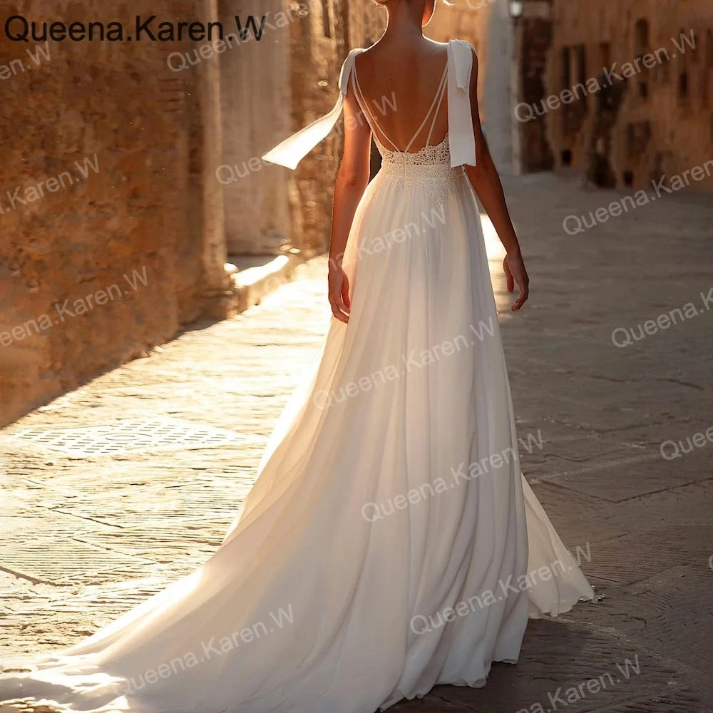 Elegant Boho A line Wedding Dress v neck lace applique chiffon bride dress robe de mariee A line Wedding Bridal Gown AL-QK181