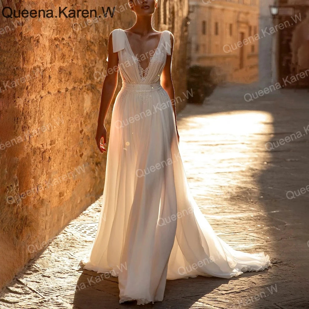 Elegant Boho A line Wedding Dress v neck lace applique chiffon bride dress robe de mariee A line Wedding Bridal Gown AL-QK181