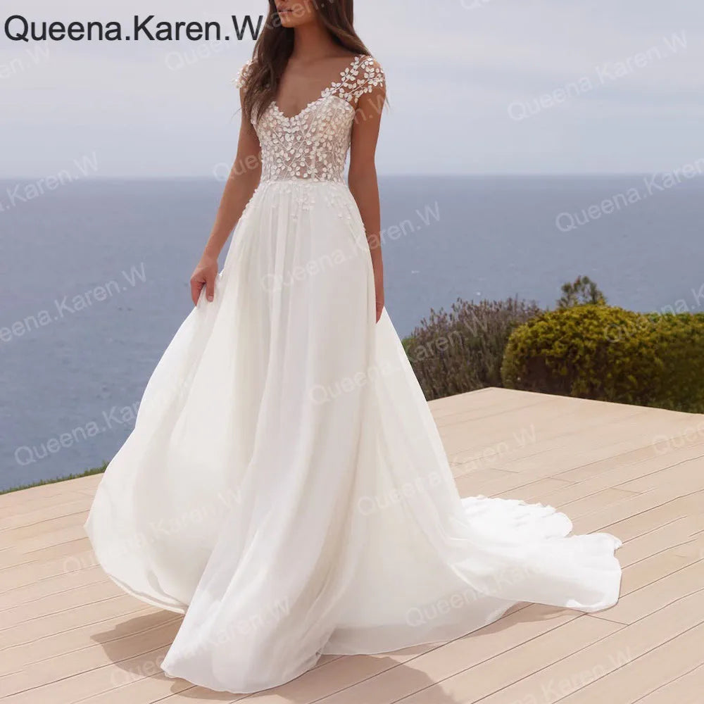 Elegant Boho A line Wedding Dress v neck lace applique chiffon bride dress robe de mariee A line Wedding Bridal Gown AL-QK152 Main image