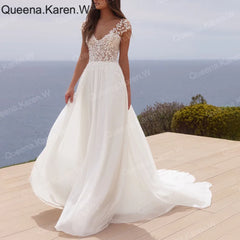 Elegant Boho A line Wedding Dress v neck lace applique chiffon bride dress robe de mariee A line Wedding Bridal Gown AL-QK152