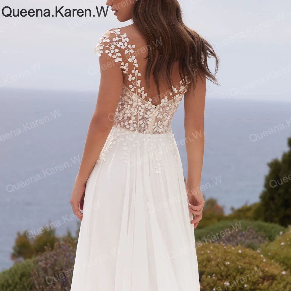 Elegant Boho A line Wedding Dress v neck lace applique chiffon bride dress robe de mariee A line Wedding Bridal Gown AL-QK152