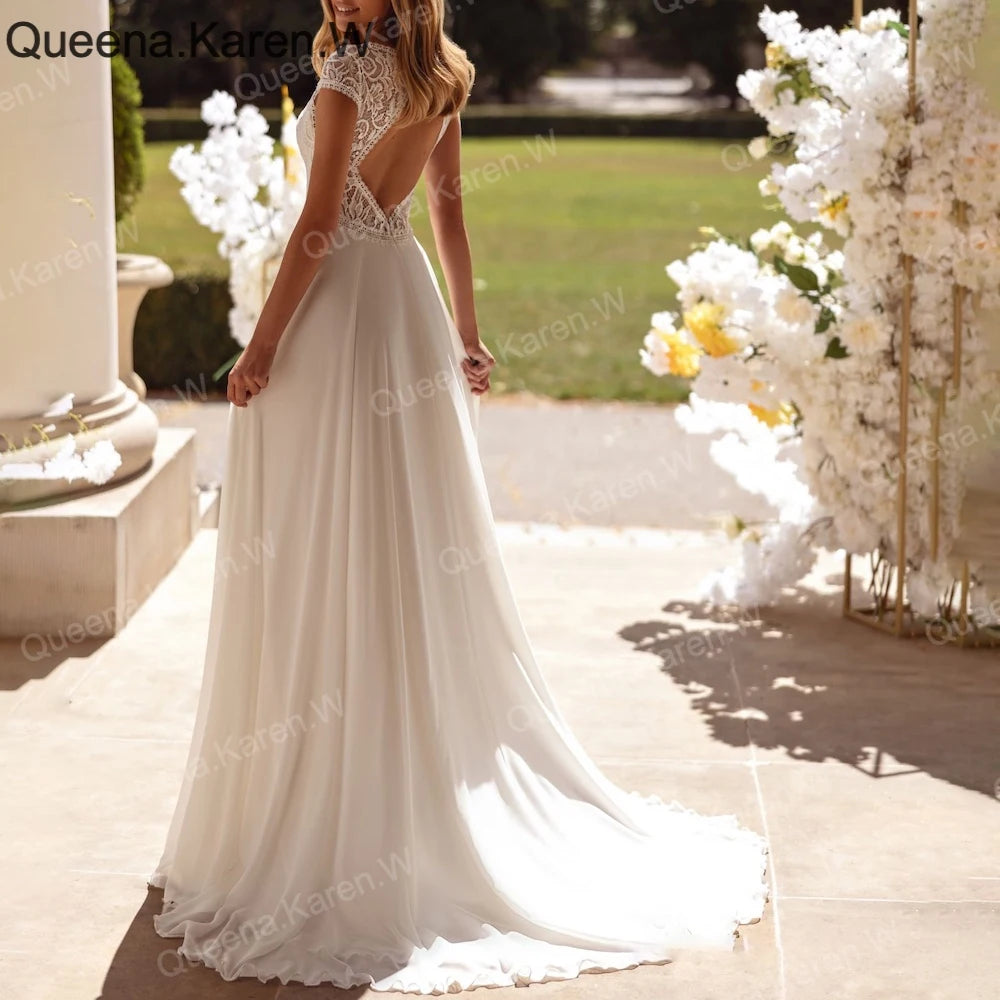 Elegant Boho A line Wedding Dress v neck lace applique chiffon bride dress robe de mariee A line Wedding Bridal Gown AL-QK229